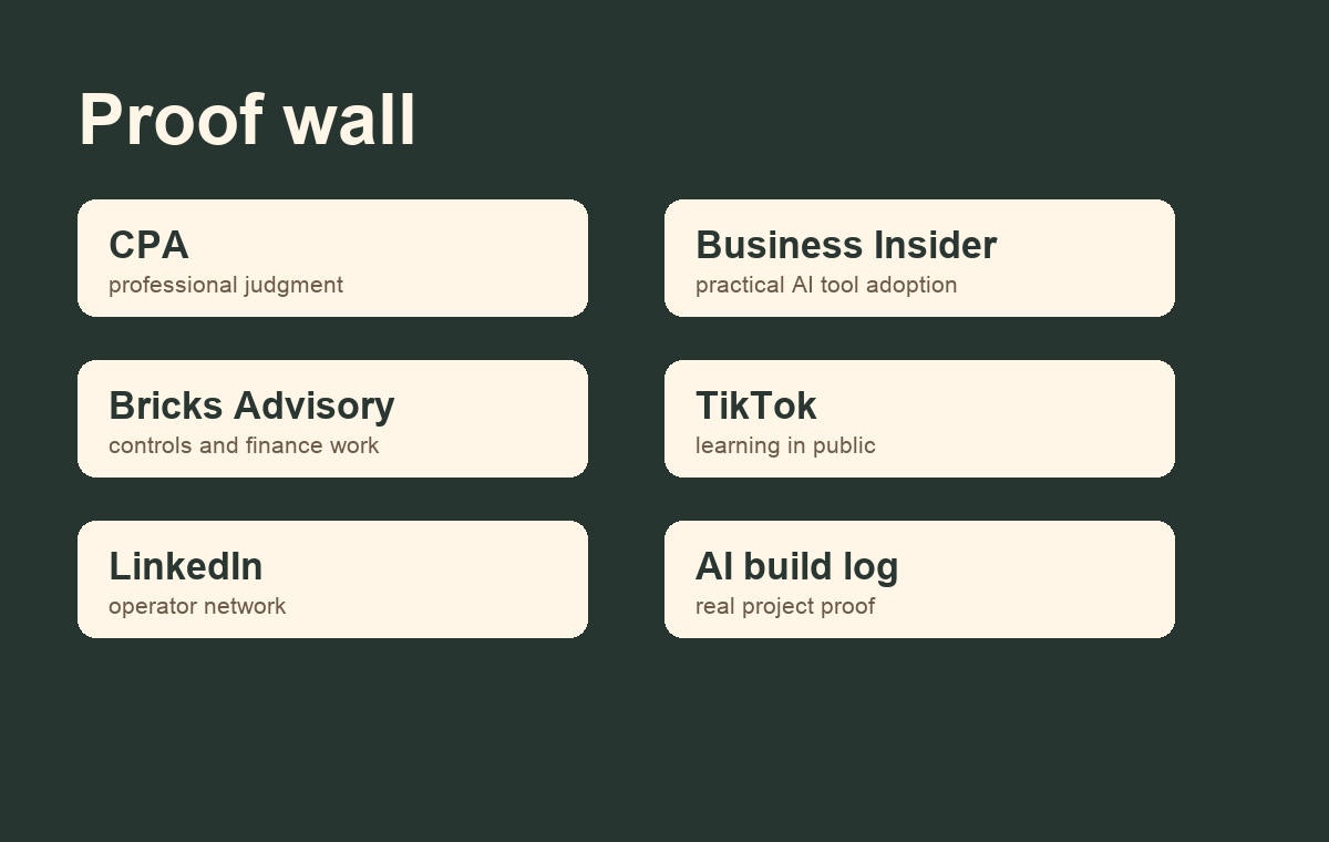 Proof wall showing CPA, Business Insider, Bricks Advisory, social publishing, and AI build log.